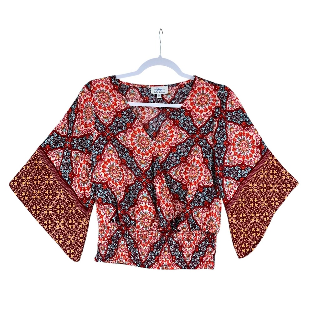 Twine & String Floral Kimono Sleeve Blouse Top‎ Womens Size S Red Blue